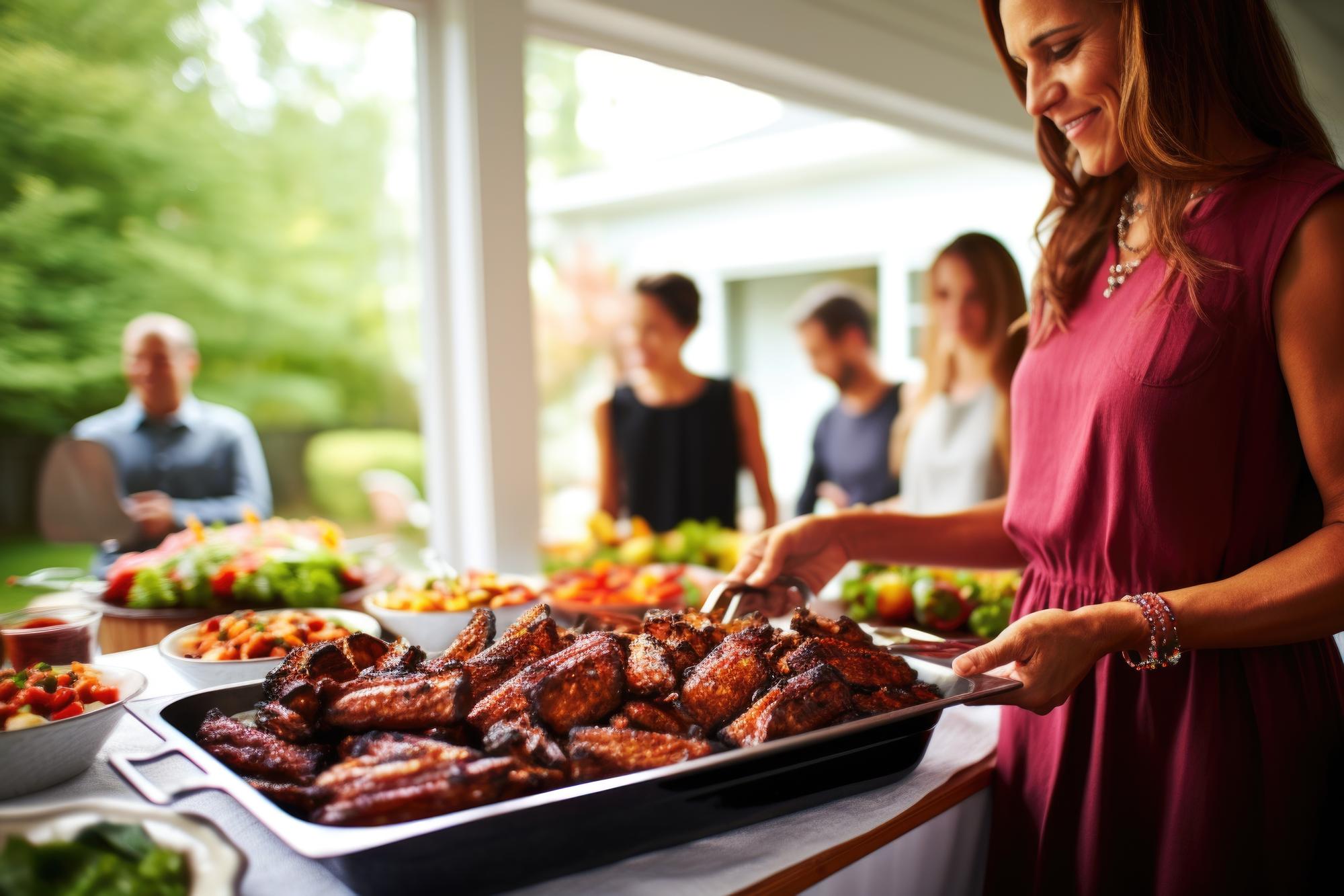 Mulher servindo prato de costelas de churrasco para os convidados