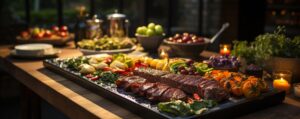 Mesa de jantar ao ar livre com apetitosa comida assada