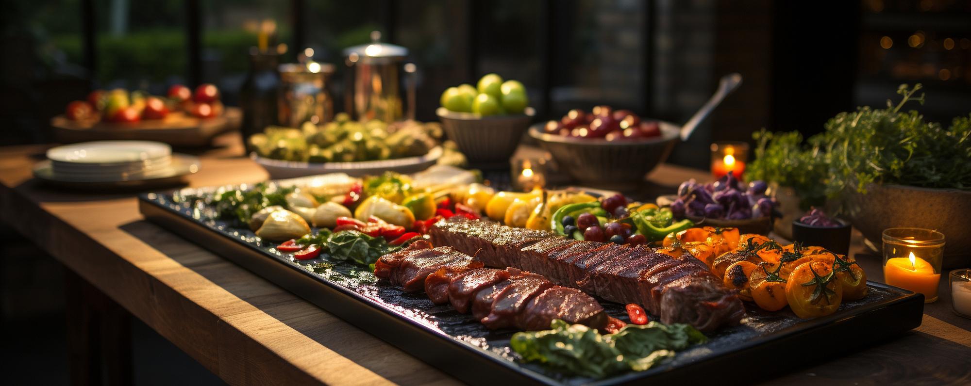 Mesa de jantar ao ar livre com apetitosa comida assada