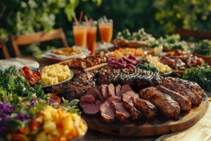 Um churrasco de verão com uma mesa cheia de carnes grelhadas, saladas e bebidas.