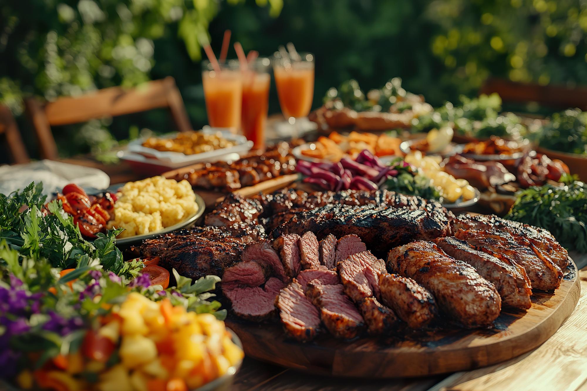 Um churrasco de verão com uma mesa cheia de carnes grelhadas, saladas e bebidas.