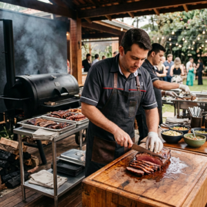 Três homens mantém pratos com carne grelhada