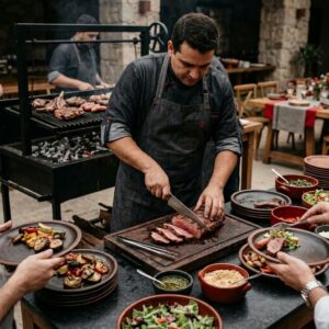 Uma família reunida em torno da mesa para montar suas próprias fajitas